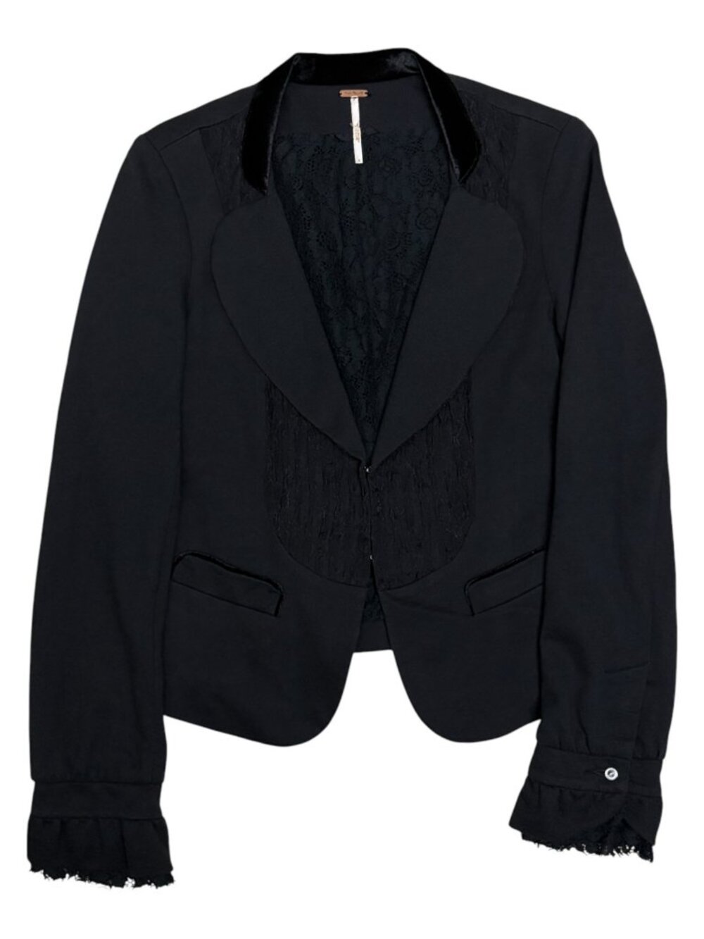 FREE PEOPLE Blazer Jacket Lace Trim Black Business Casual Coat Womens Small